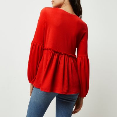 Red bell sleeve smock top